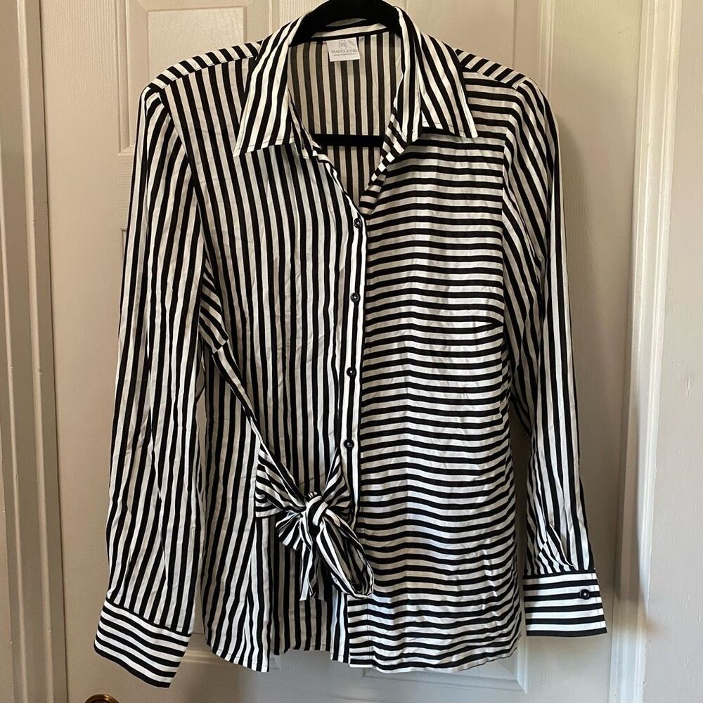 Madeleine Reverse Stripe Tye Button Blouse, Black… - image 1